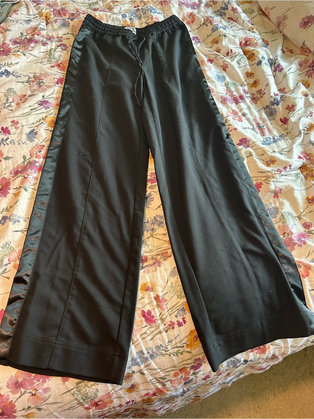 Wide Leg Satin-Trim Black Pants - Women